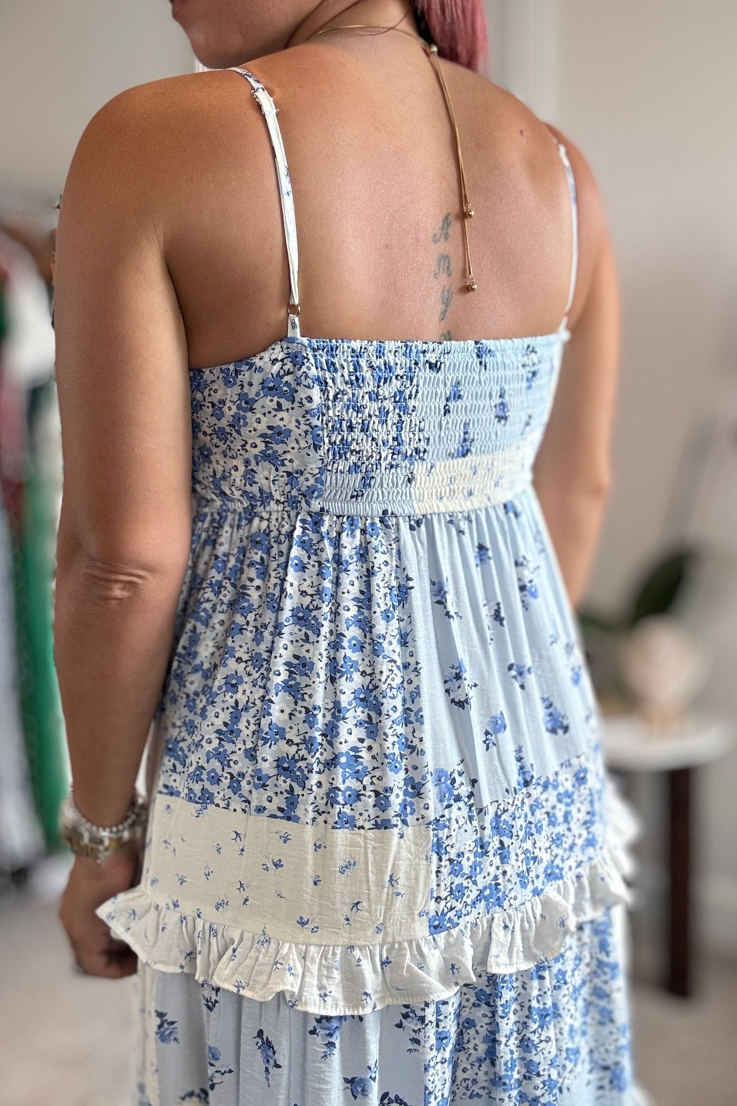 MULTI-CHECKERED PATTERN SPAGHETTI STRAP MIDI DRESS