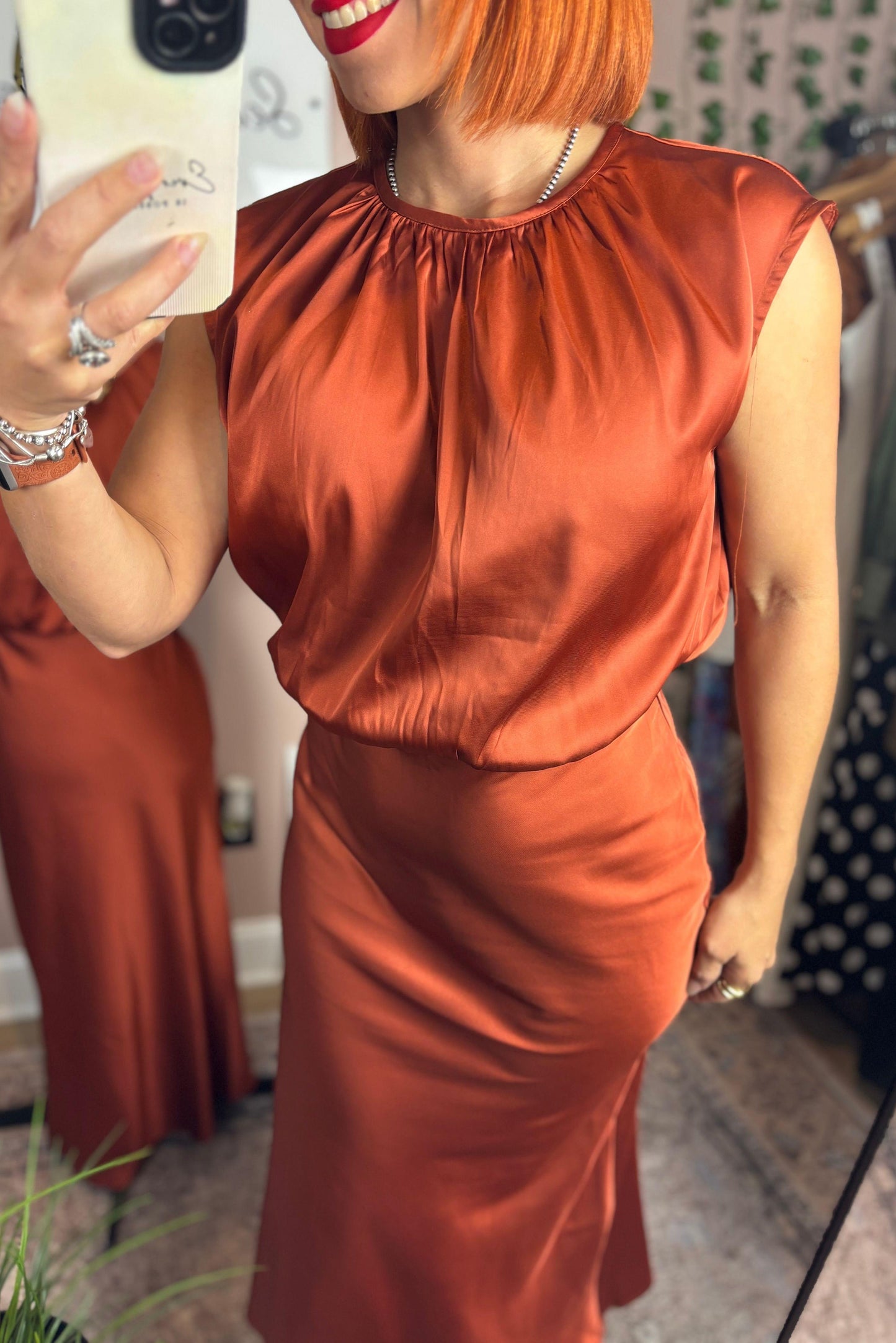 COPPER SATIN MIDI DRESS