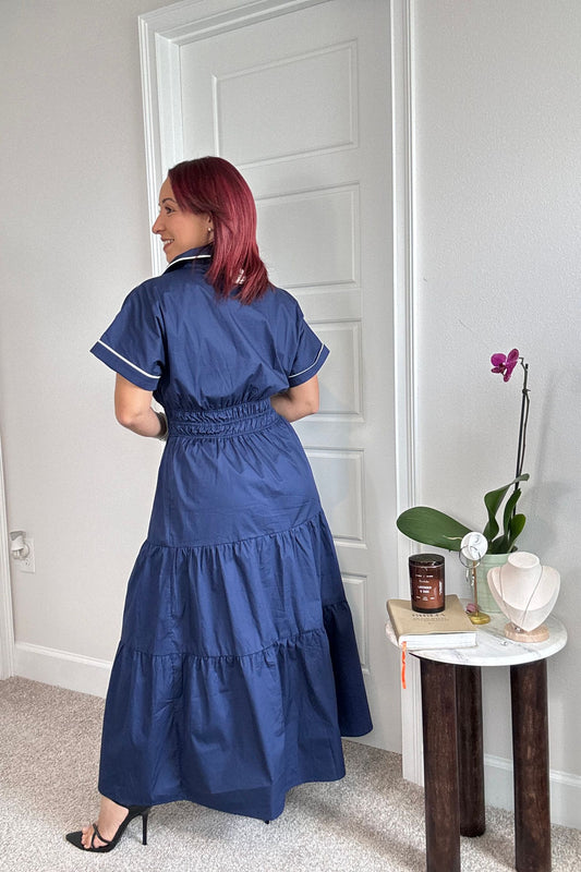 Piping Detail Tiered Layered Midi Dress