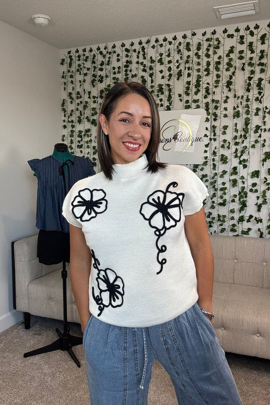 IVORY FLORAL TRIM SWEATER