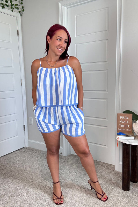 Cami Top & Wide Striped Shorts Set with Lace Edges