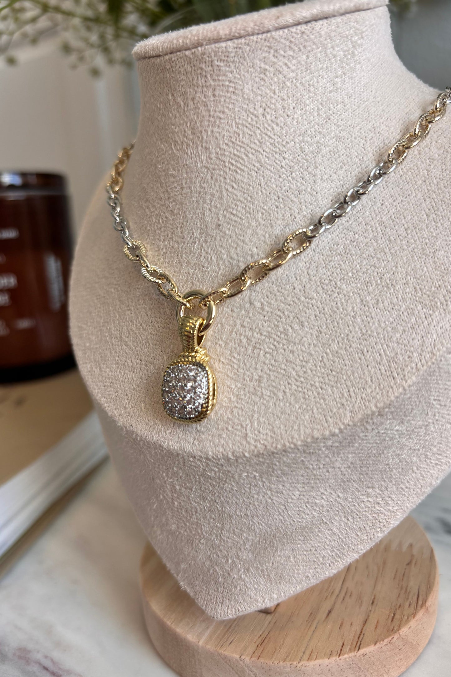 PRESENCIA CZ SQUARE PENDANT TWO-TONE NECKLACE – ELEGANT EVERYDAY ACCESSORY