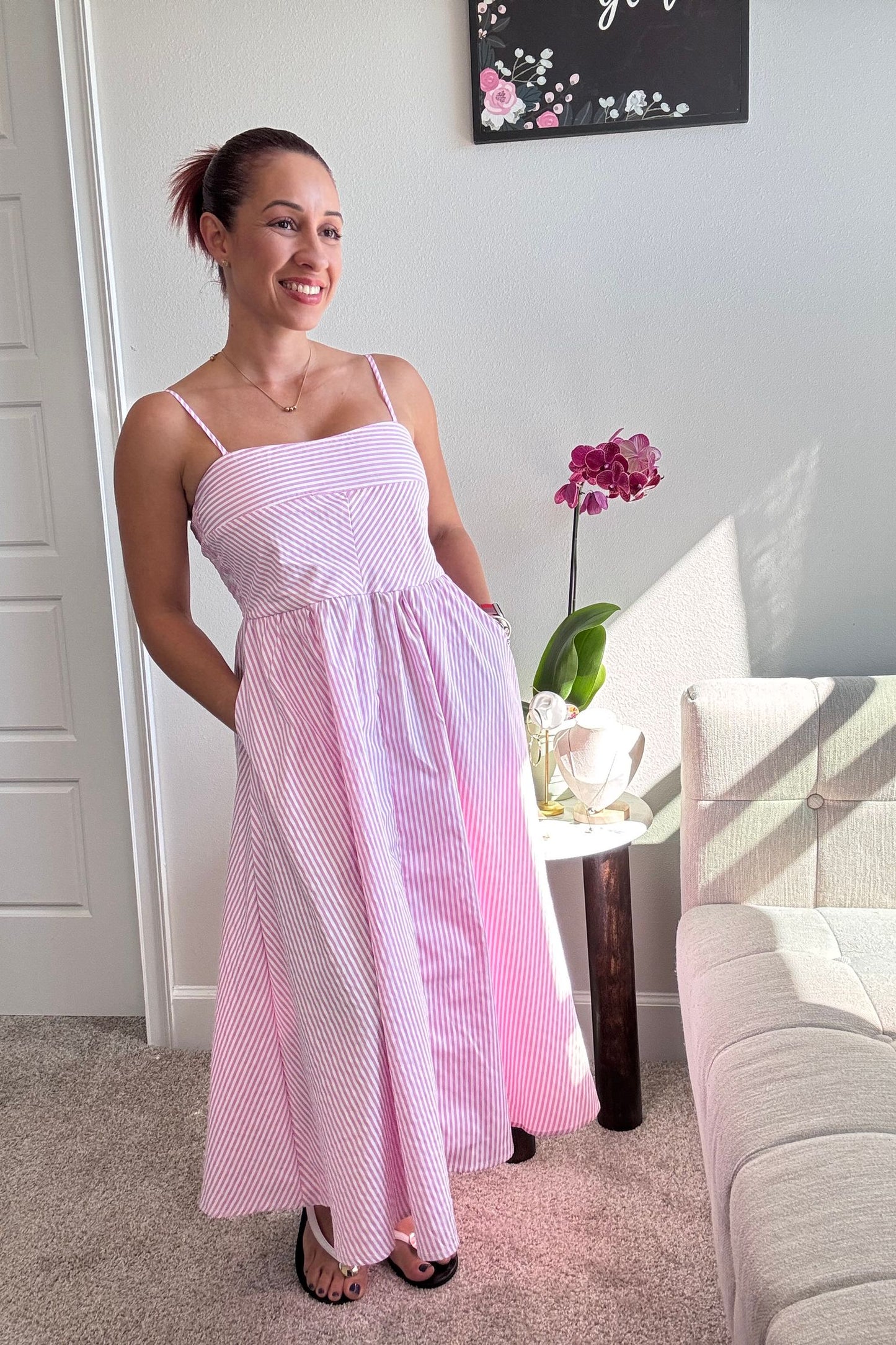 VESTIDO MIDI RAYAS ROSA CLARO