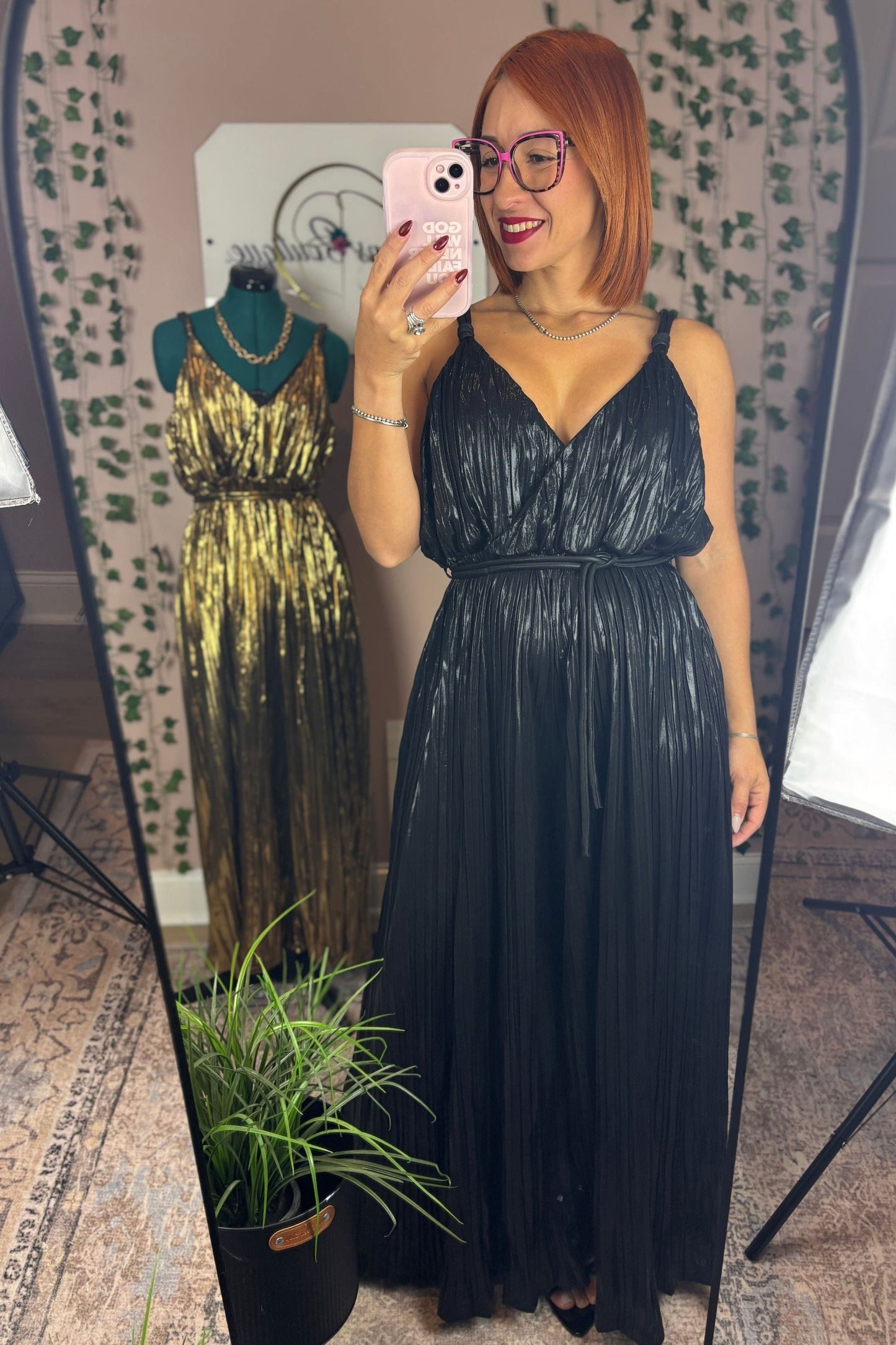 METALLIC PLEATED JUMPSUIT