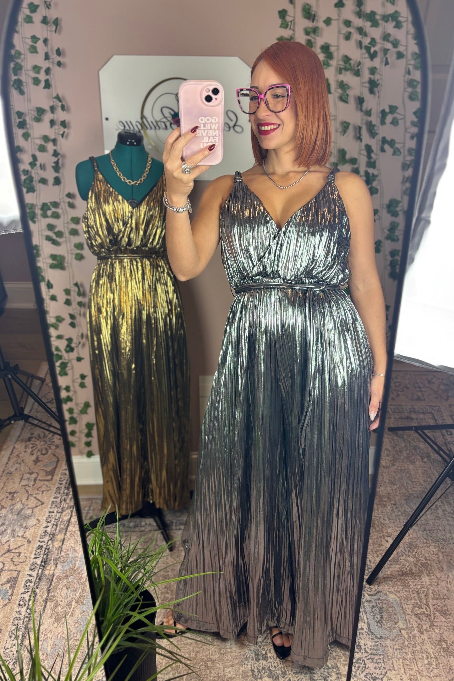 METALLIC PLEATED JUMPSUIT