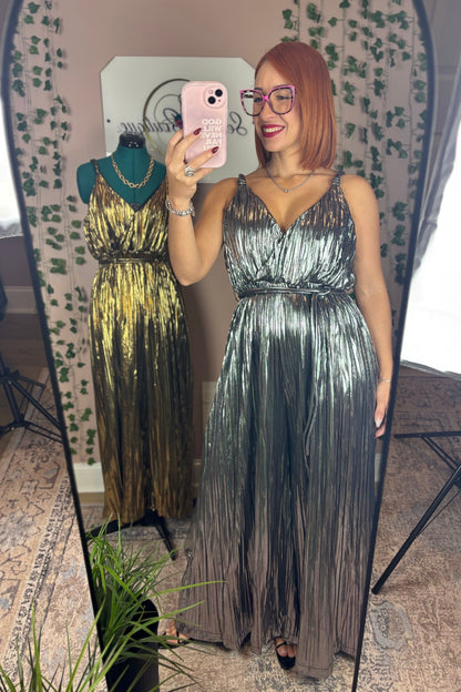 METALLIC PLEATED JUMPSUIT