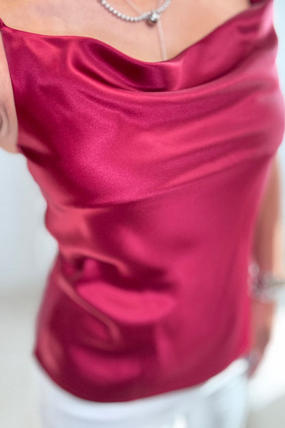 SATIN COWL NECK TOP-BURGUNDY