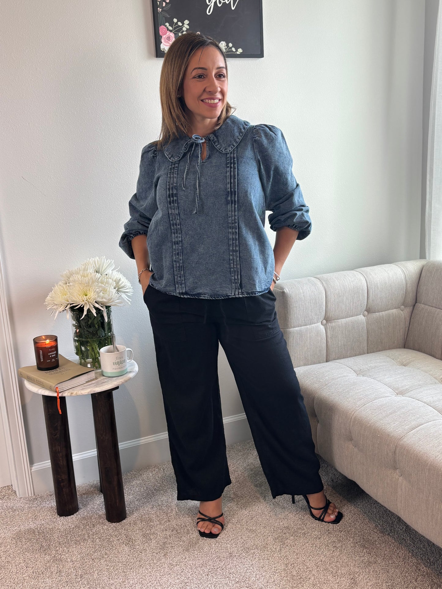 LONG SLEEVE FRONT BOW TIE DENIM TOP
