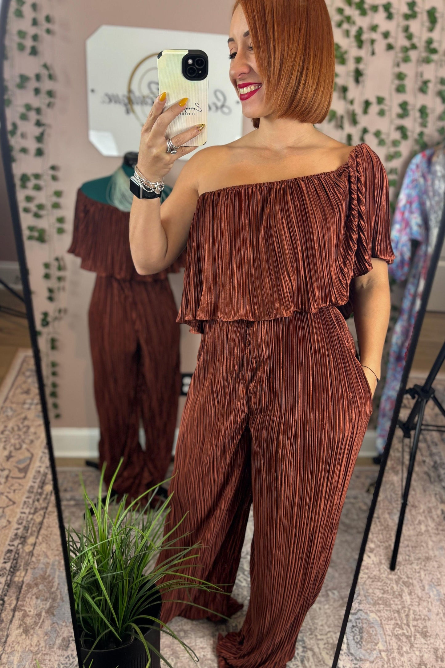 BROWN OFF SHOULDER JUMPSUIT