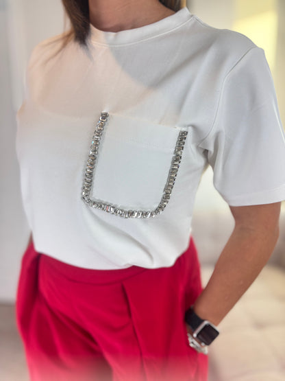 SHIMMER GRACE TEE- WHITE T-SHIRT WITH RHINESTONE DETAILS
