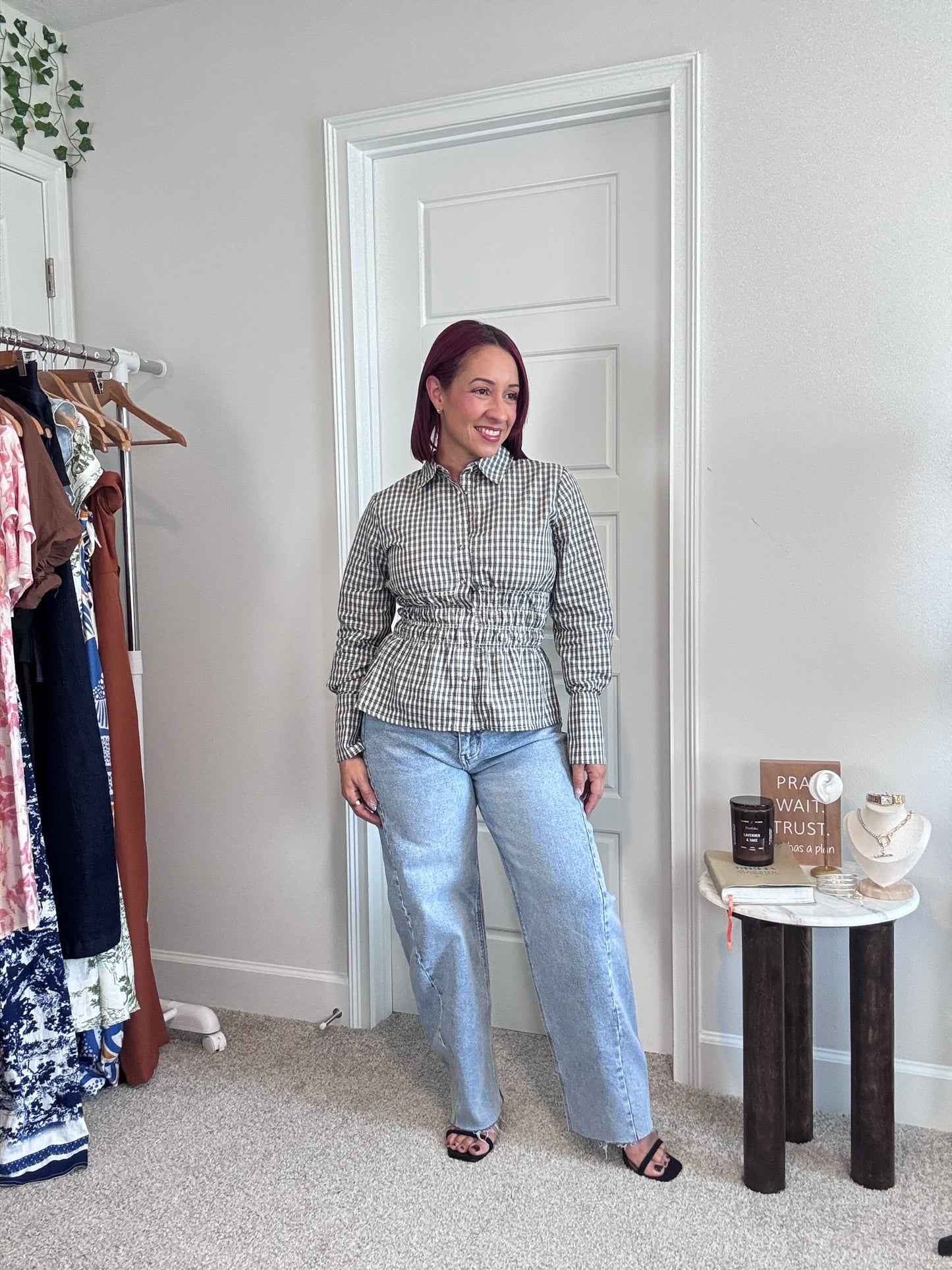 Plaid Collared Shirred Waist Long Sleeve Shirt