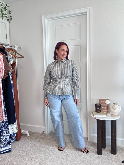Plaid Collared Shirred Waist Long Sleeve Shirt