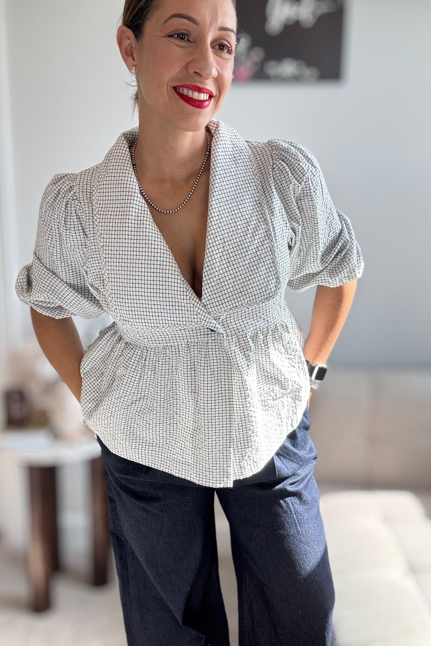 SUBLIME CHECK PEPLUM BLOUSE