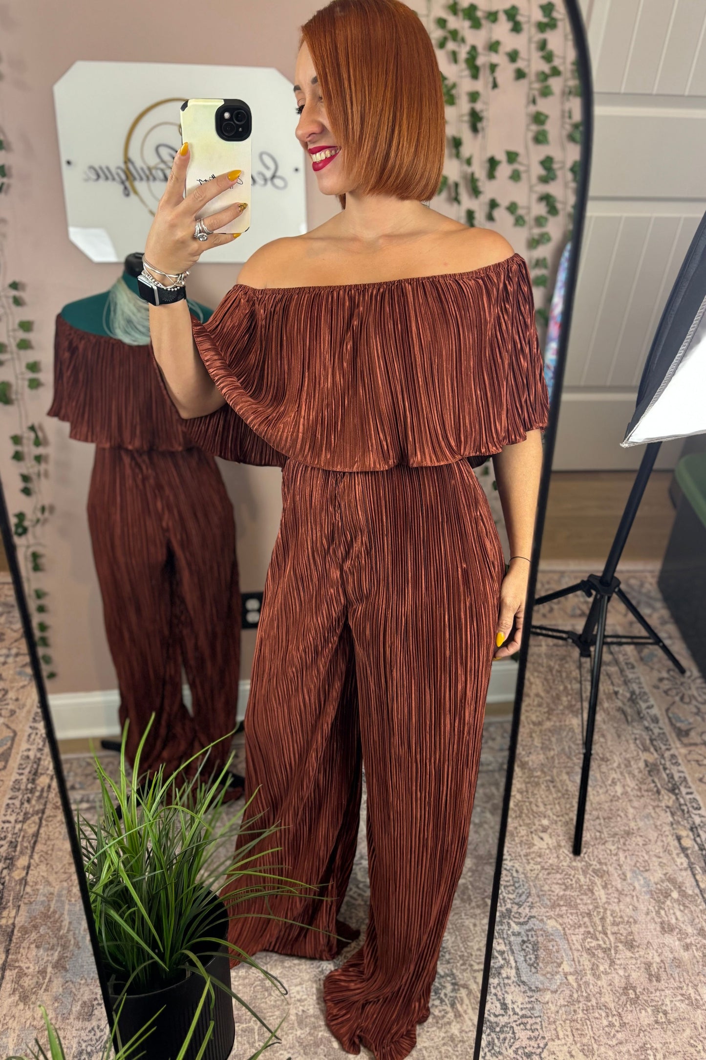 BROWN OFF SHOULDER JUMPSUIT