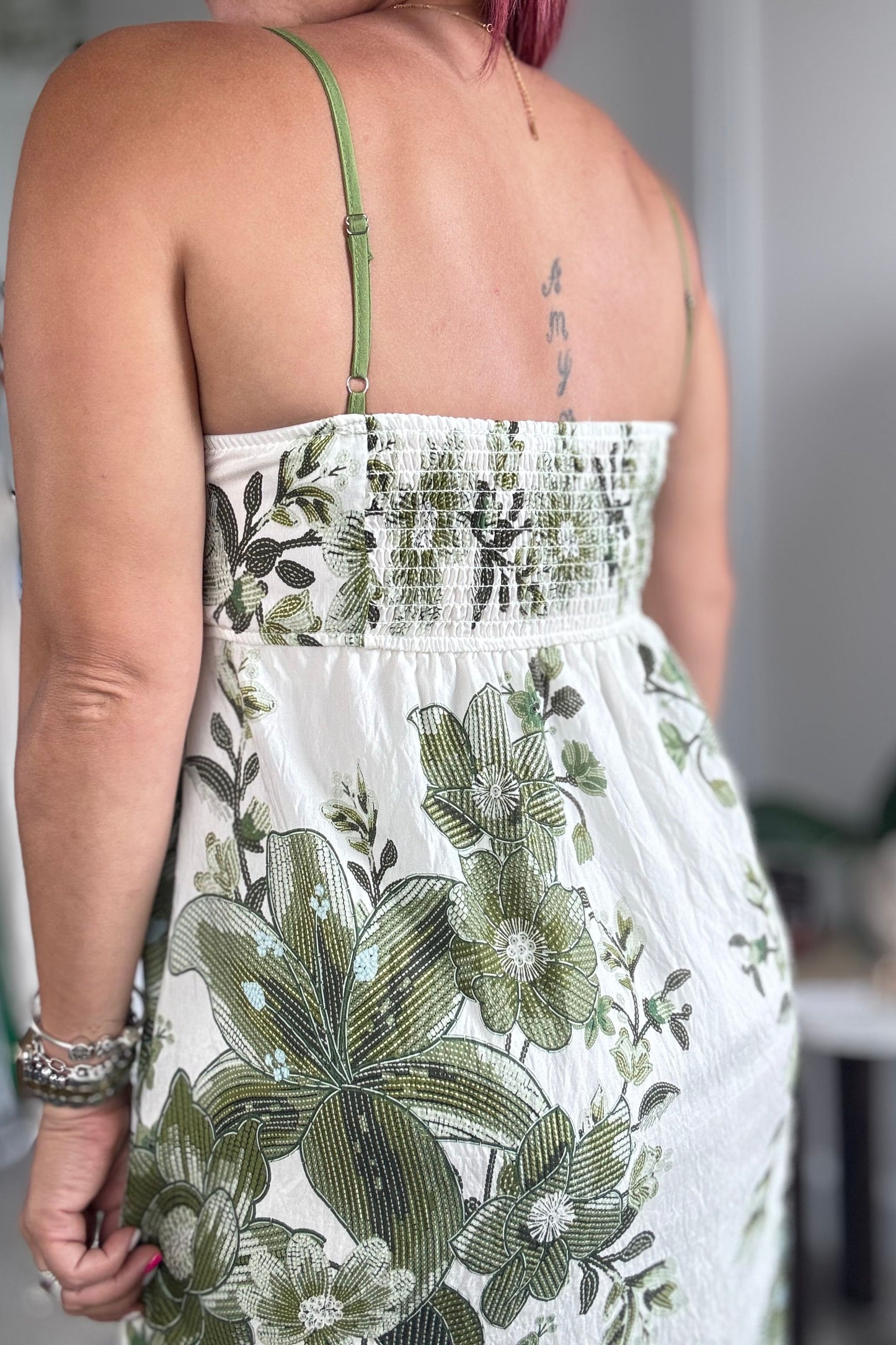 Olive Green Floral Midi Dress