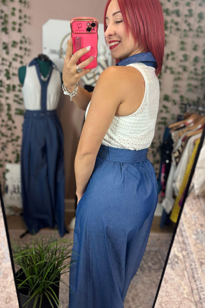 WHITE LACE DENIM JUMPSUIT