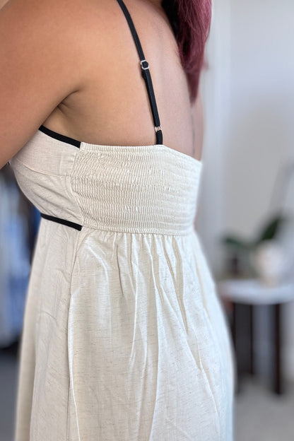 Contrast Trim Ivory and Black Midi Dress