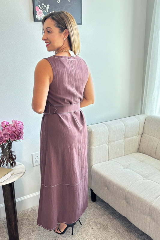BROWN ROUND NECK MIDI DRESS WITH BELT