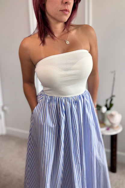 Striped Strapless Flowy Midi Dress