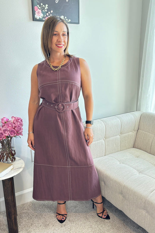 BROWN ROUND NECK MIDI DRESS WITH BELT