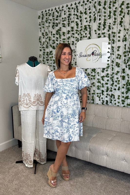 PUFF SLEEVE MINI DRESS-BLUE