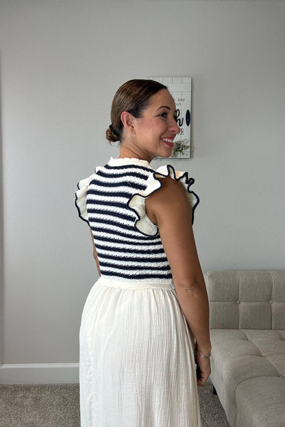 CROCHET NAVY AND CREAM MAXI DRESS