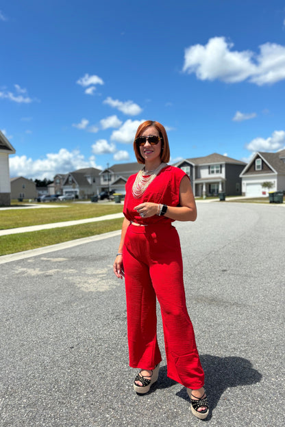 RED CROP TOP AND PANT SET