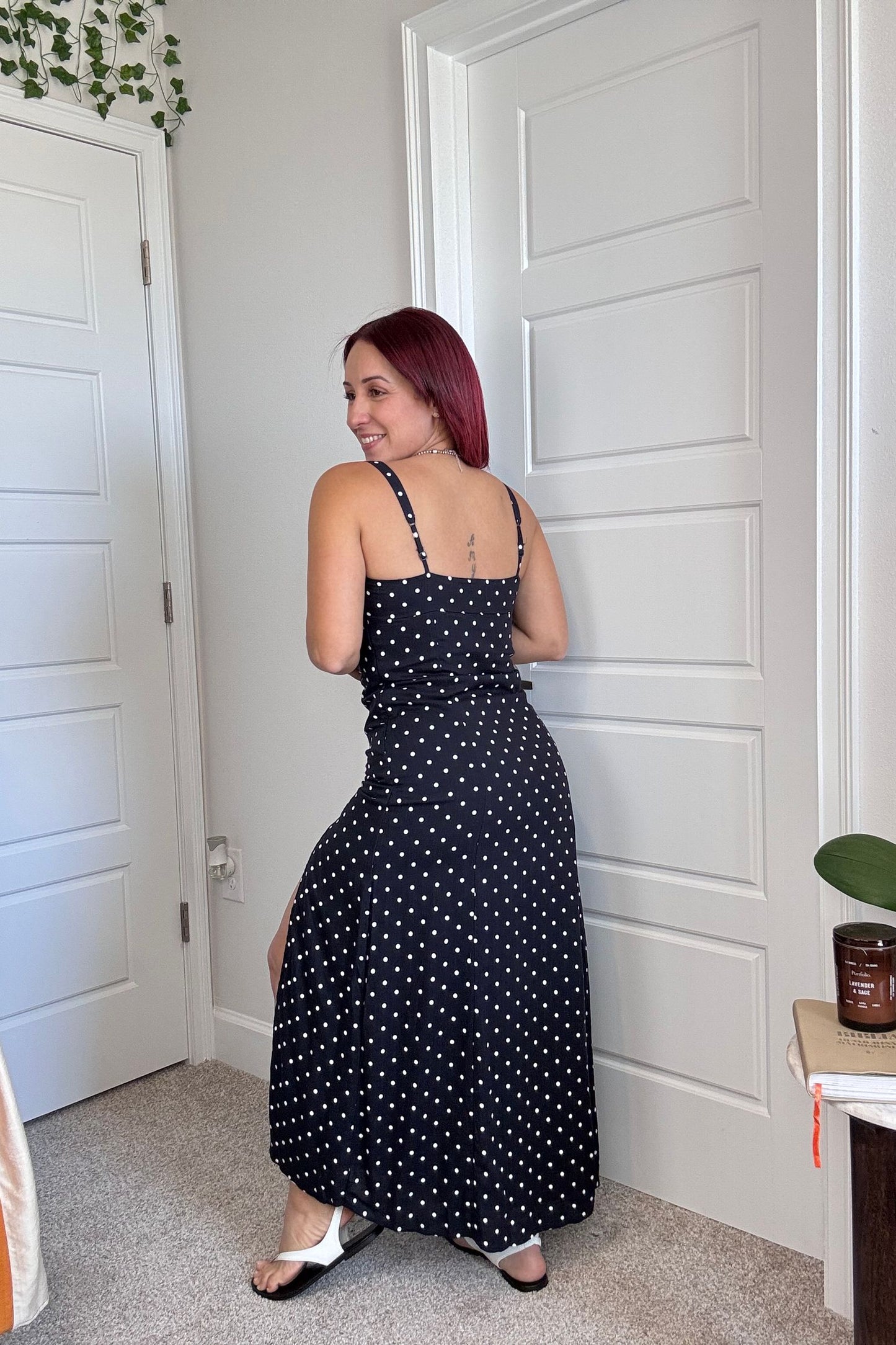 Navy Polkadot Midi Dress