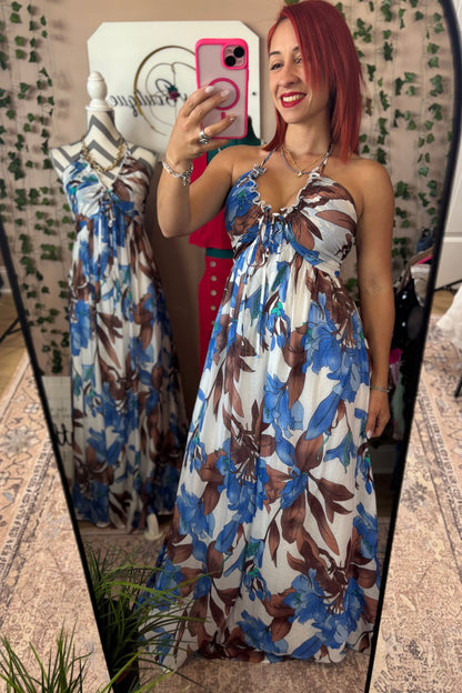 V-NECK WOVEN FLOWERS MAXI DRESS