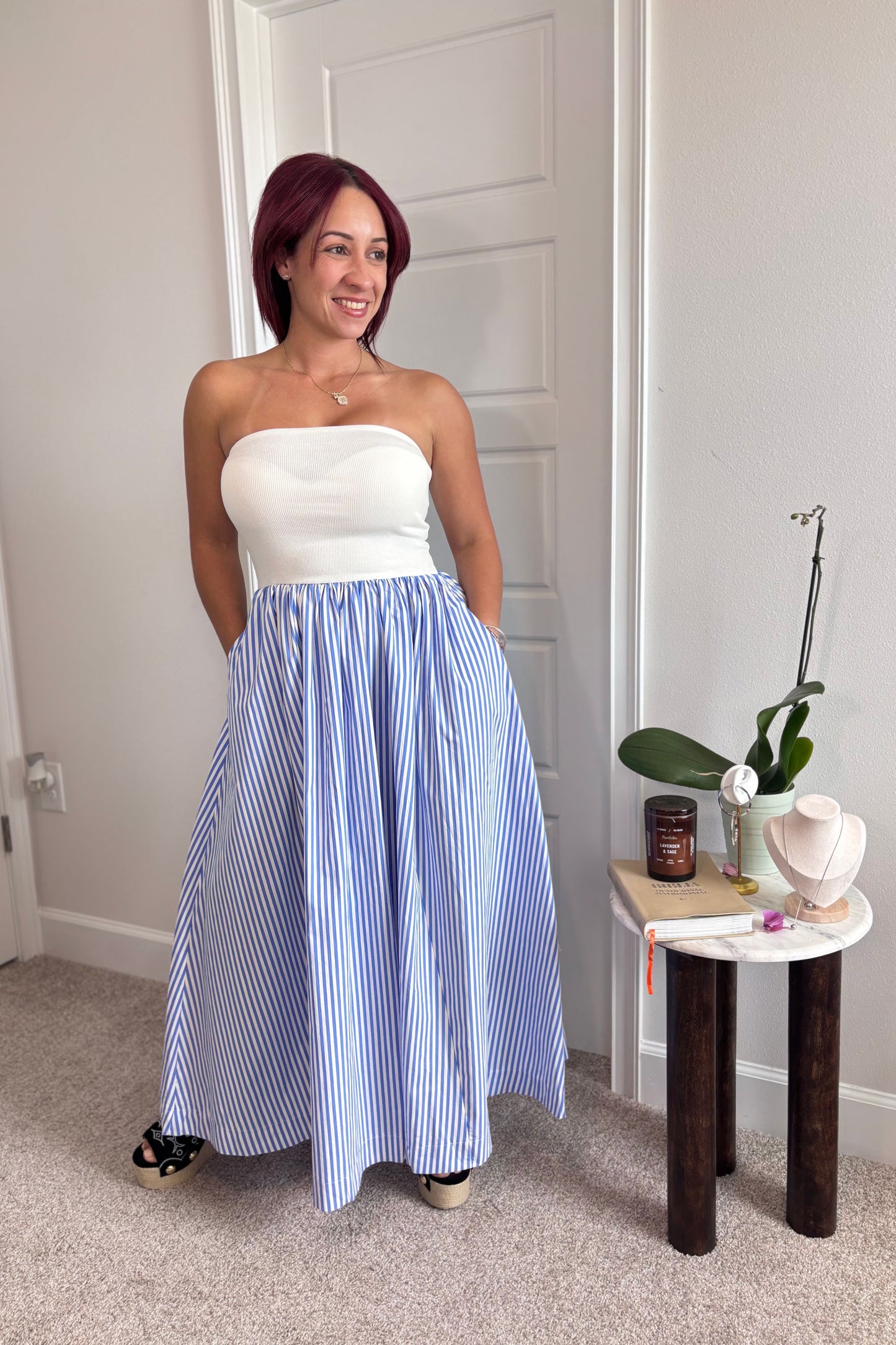 Striped Strapless Flowy Midi Dress