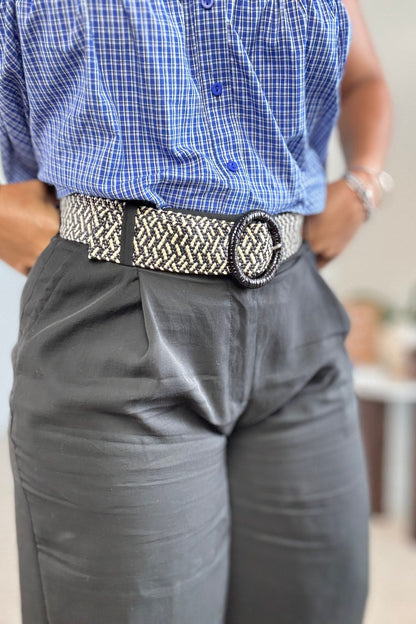 Straight Leg Woven Long Pants with Belt Detail