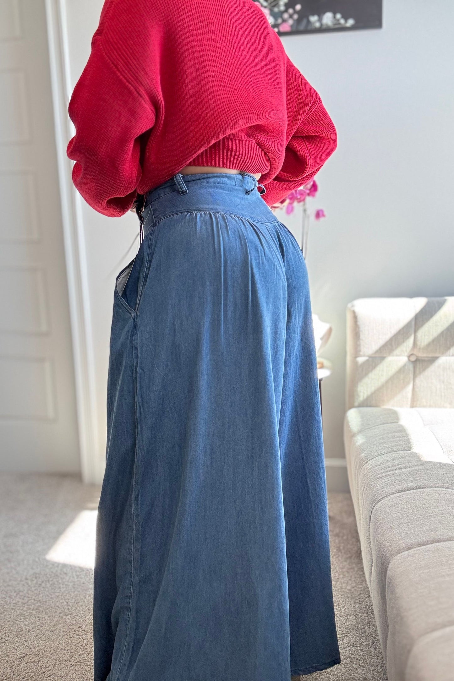 WIDE LEG CHAMBRAY PANTS