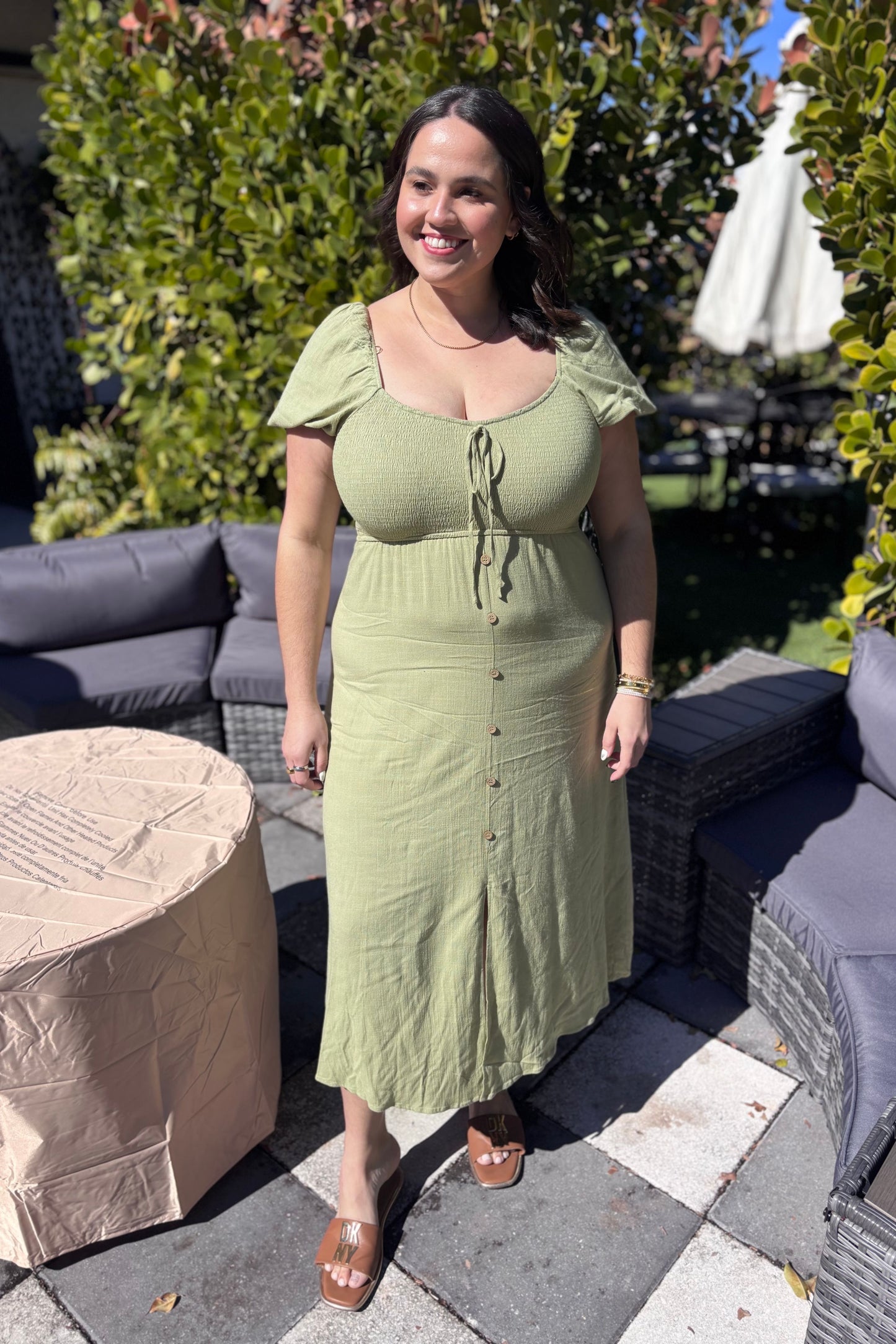 PLUS SIZES SMOCKED LIGHT OLIVE MIDI DRESS