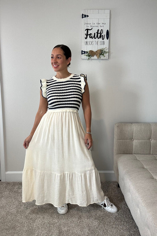 CROCHET NAVY AND CREAM MAXI DRESS