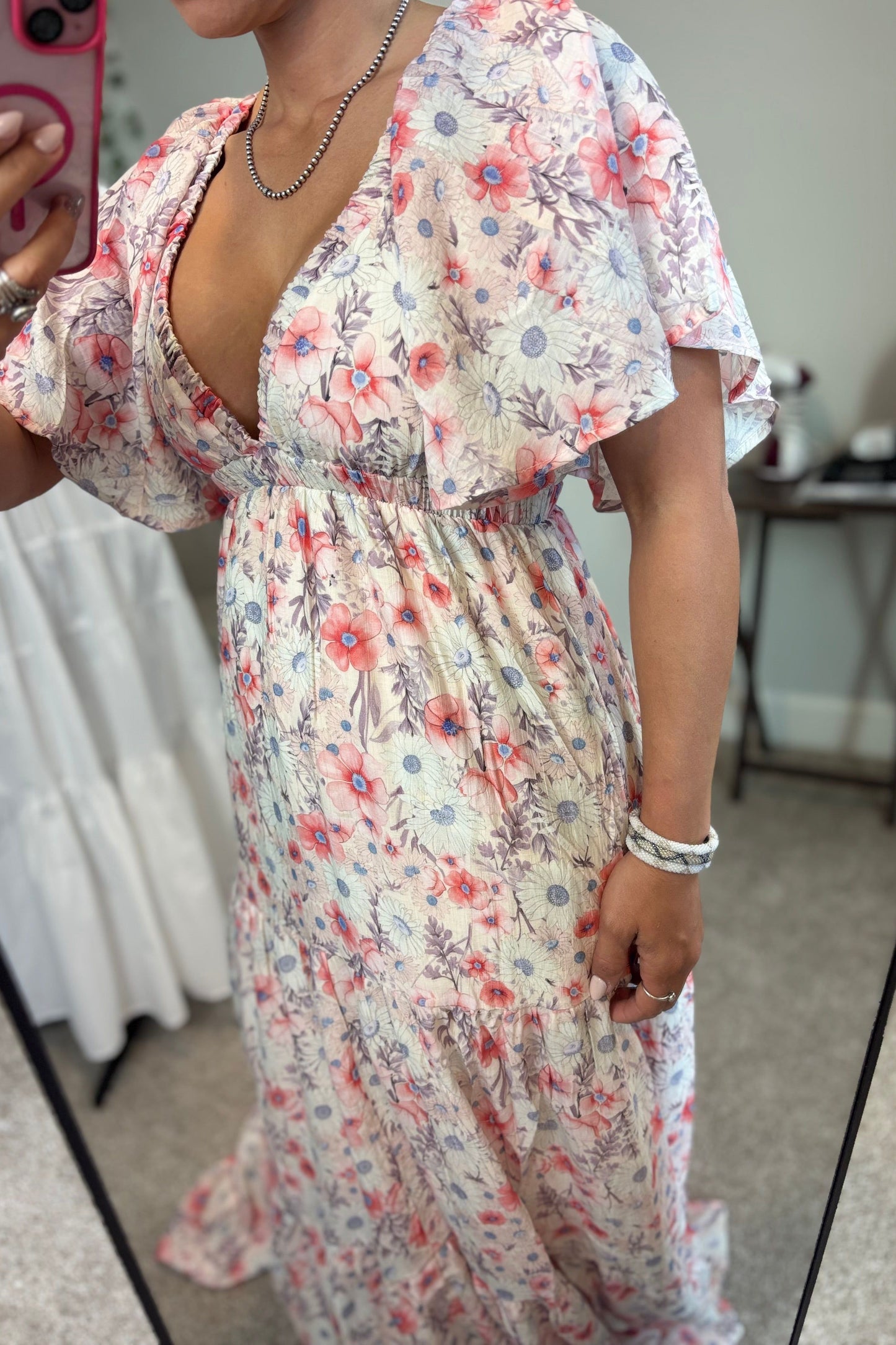 VESTIDO MÁXIMO FLORAL CON CUELLO EN V