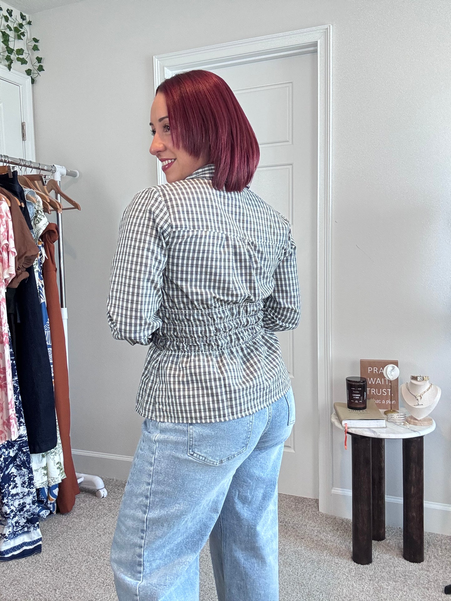 Plaid Collared Shirred Waist Long Sleeve Shirt