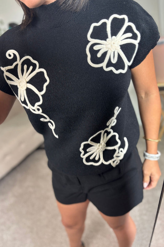 FLORAL TRIM BLACK SWEATER