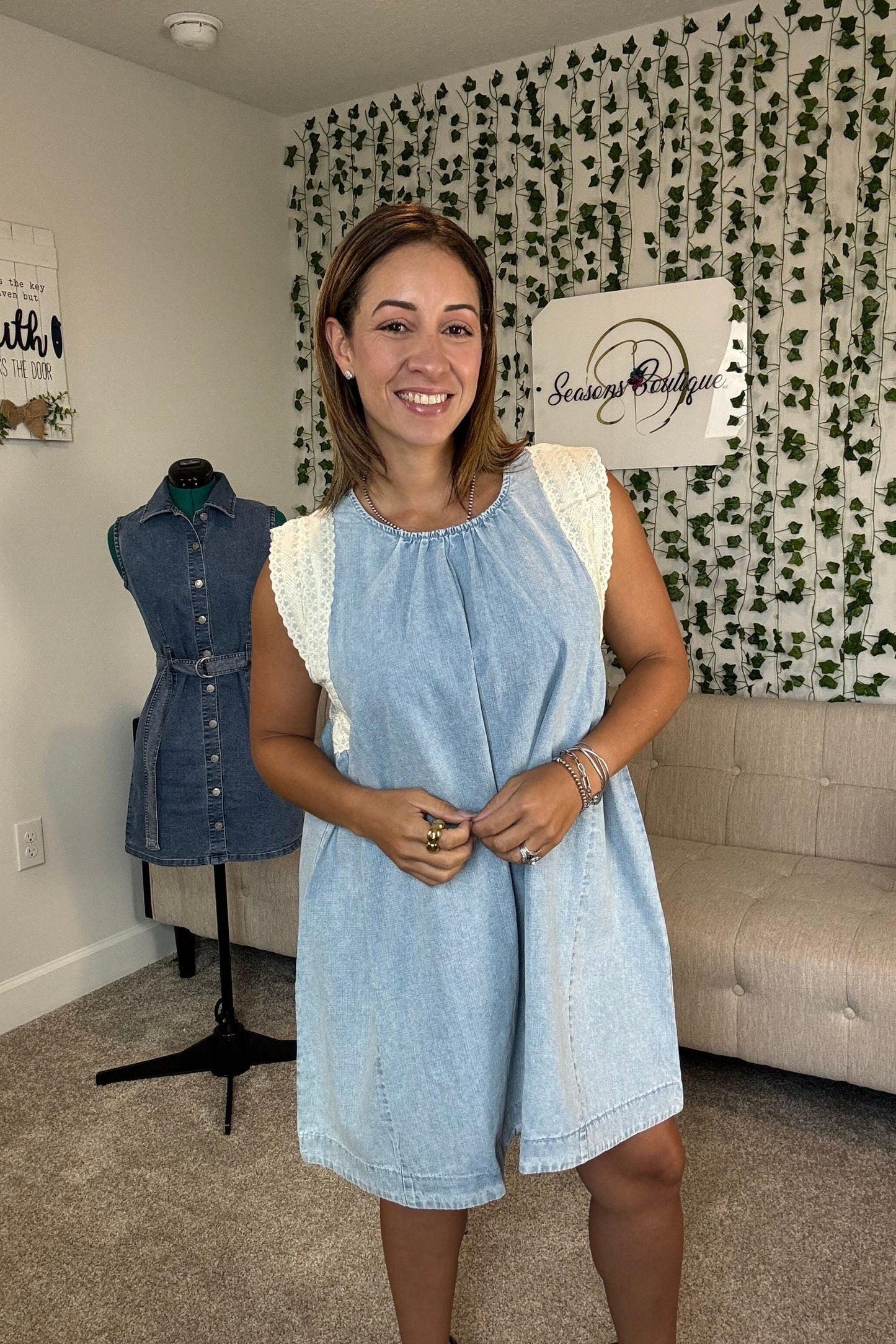EYELET TRIM DENIM MINI DRESS
