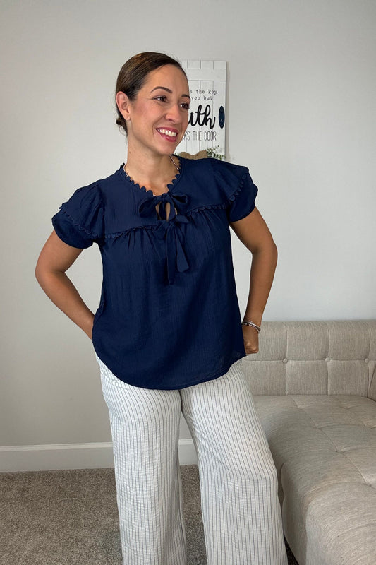 BLUE SCALLOP TRIM FRONT TIE DETAILS TOP (PLUS SIZES AVAILABLE)