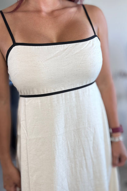 Contrast Trim Ivory and Black Midi Dress
