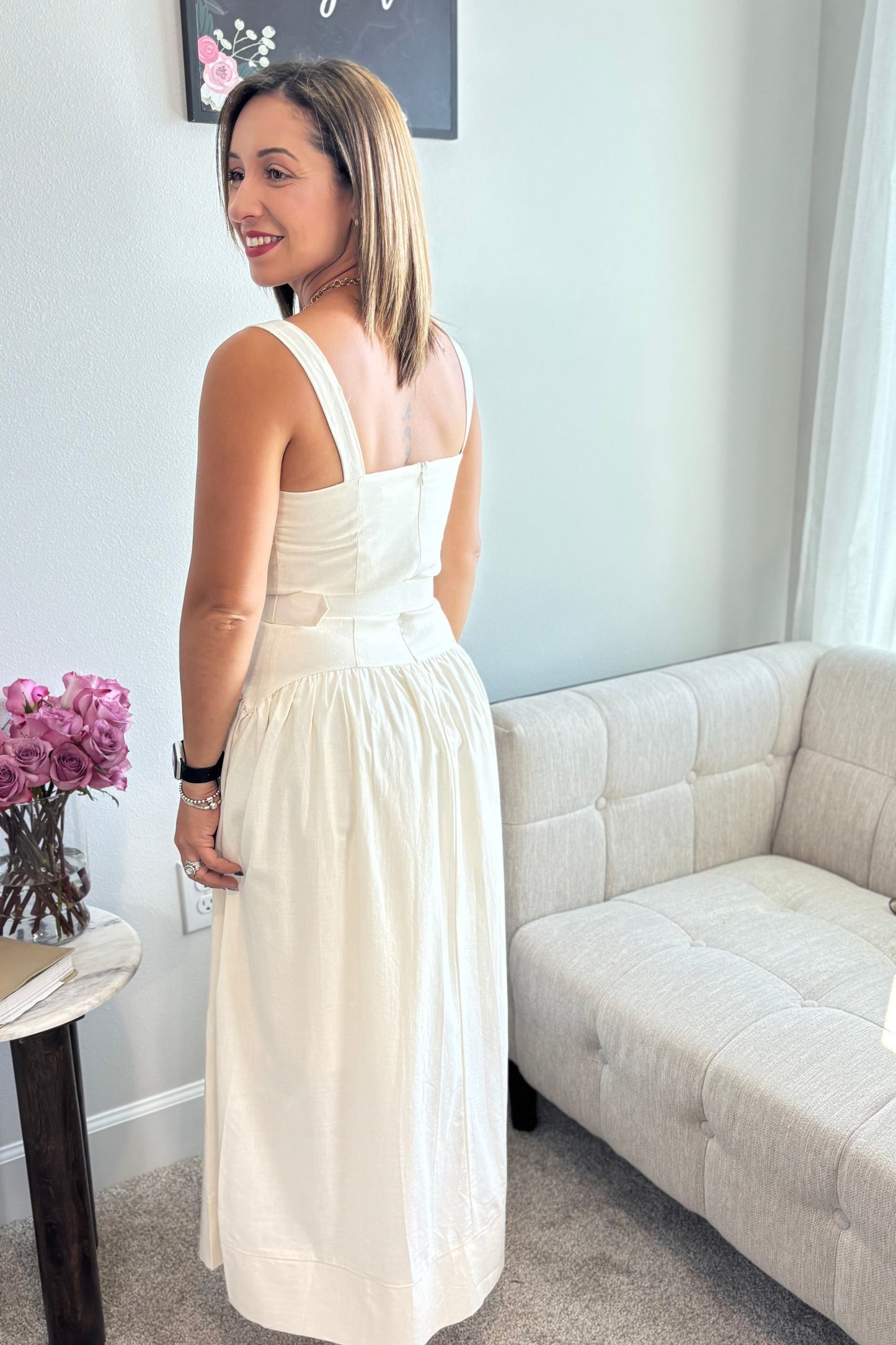LIGHT BEIGE WITH BELT MIDI DRESS