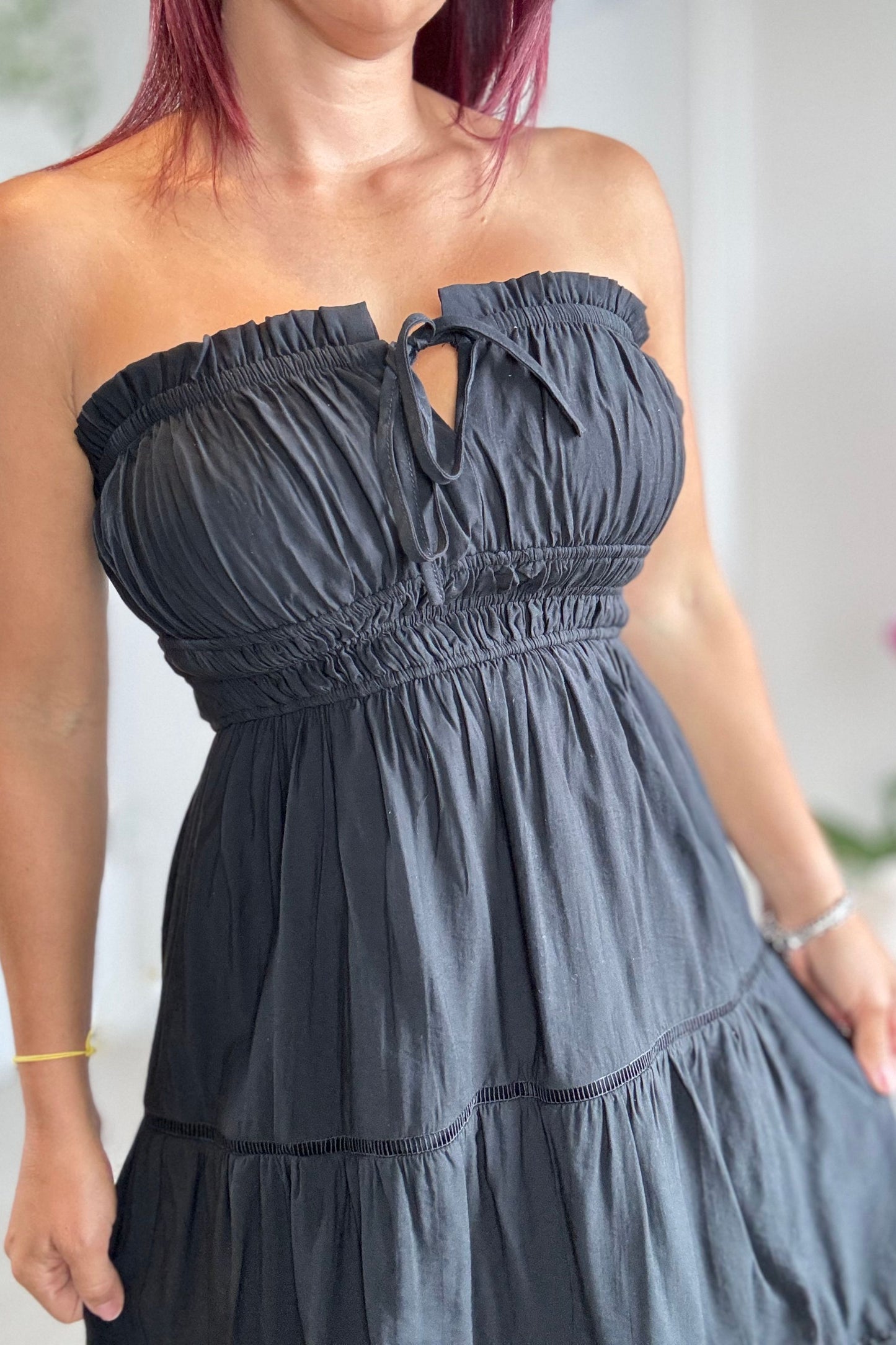 Front Tie Strapless Midi Dress