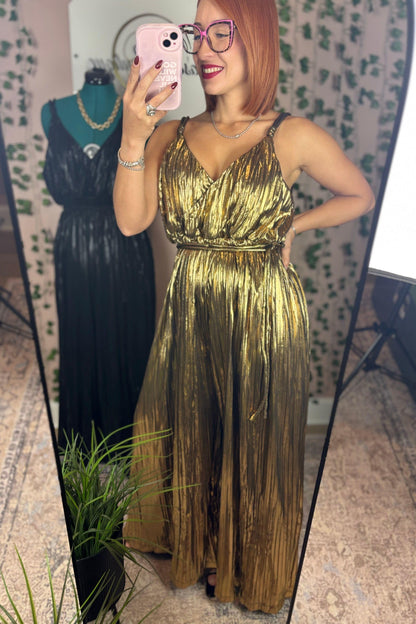METALLIC PLEATED JUMPSUIT