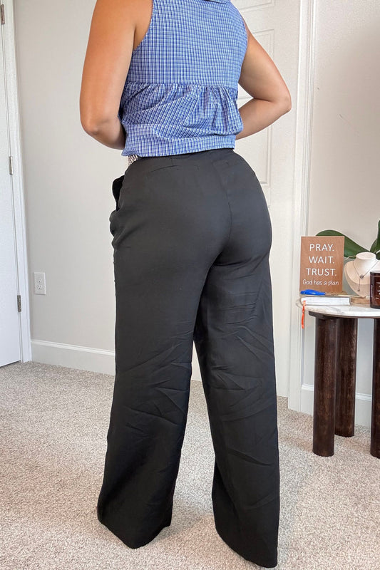 Straight Leg Woven Long Pants with Belt Detail