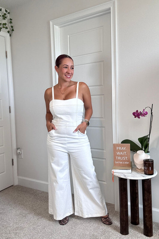Ivory Denim Wide Leg Jumpsuit