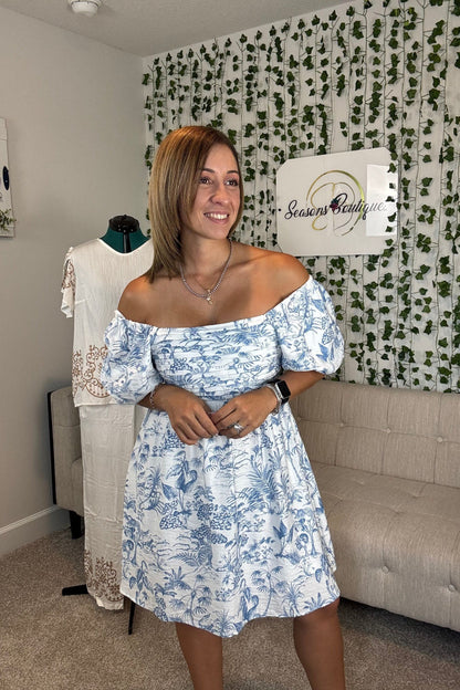 PUFF SLEEVE MINI DRESS-BLUE