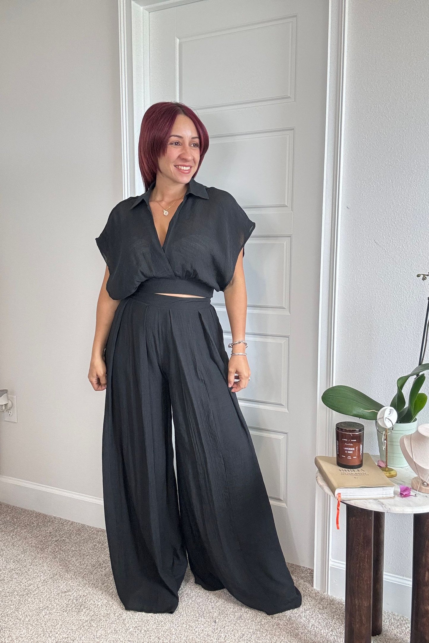 Black Collared Wrap Top & Wide-Leg Pants Set