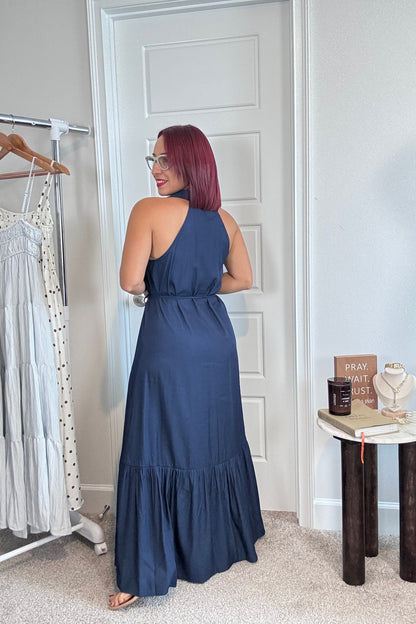 Button Down Tie-Waist Midi Dress
