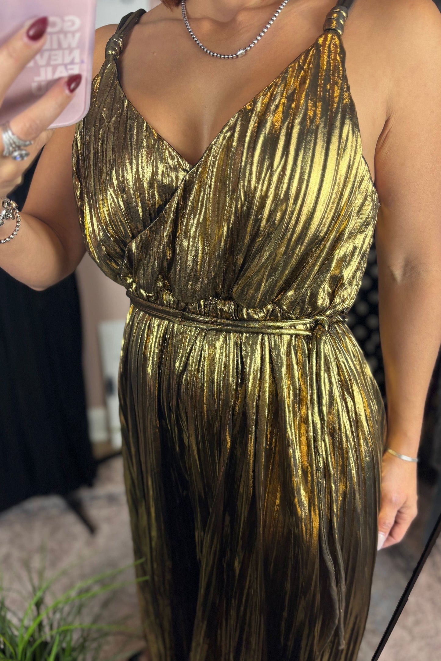 METALLIC PLEATED JUMPSUIT