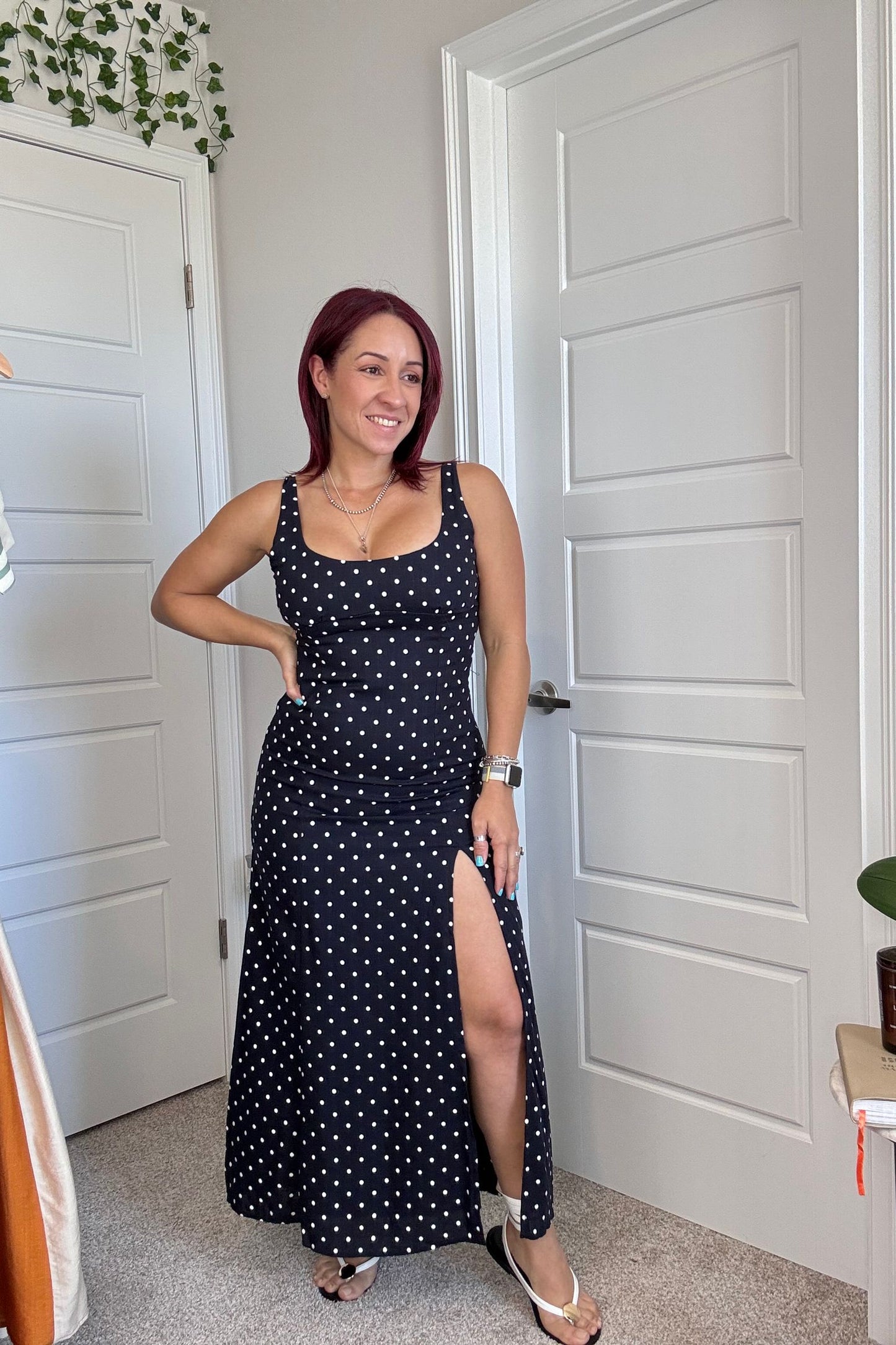 Navy Polkadot Midi Dress